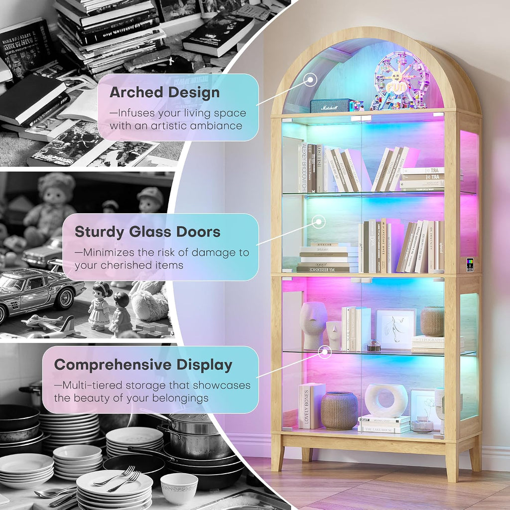 WOOVIVS Glass Display Cabinet with RGB Lights, 69' Tall Curio Cabinet with Rebound Tempered Glass Door, 5-Tier Adjustable Display Case for Living Room (Wood)