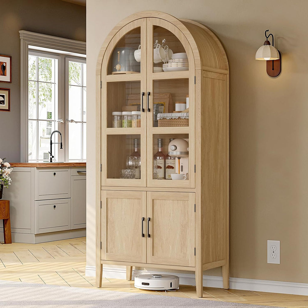 ONBRILL 71' Tall Arched Cabinet, 5-Tier Arched Kitchen Pantry with Glass Doors & Shelves, Modern Display Storage Cabinets with Adjustable Feet, Wooden Pantry Cabinet for Living Room, Dining Room