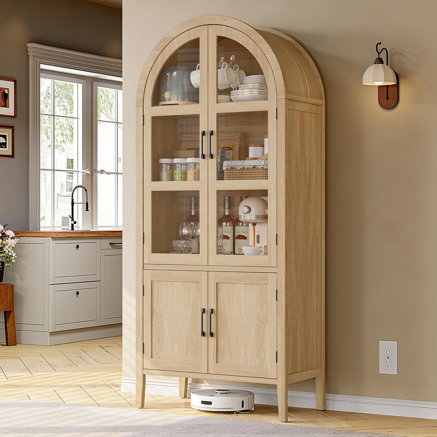 ONBRILL 71' Tall Arched Cabinet, 5-Tier Arched Kitchen Pantry with Glass Doors & Shelves, Modern Display Storage Cabinets with Adjustable Feet, Wooden Pantry Cabinet for Living Room, Dining Room