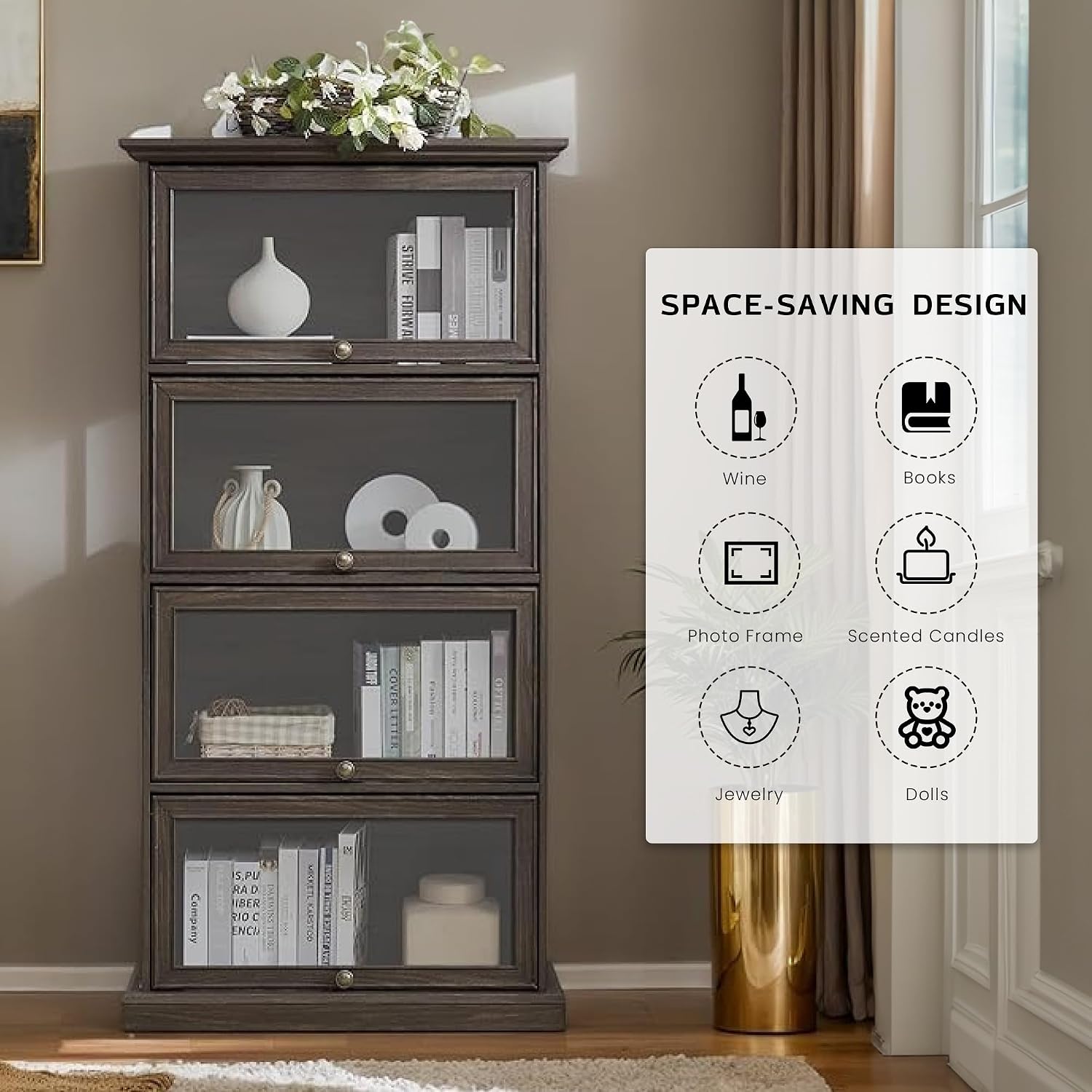 Tall Bookcase with Glass Doors, 63' H Farmhouse Glass Curio Display Cabinet with Flip up Doors, Elegant Storage Cabinet with 4-Tier Shelves, Rack for Living Room (Brown)