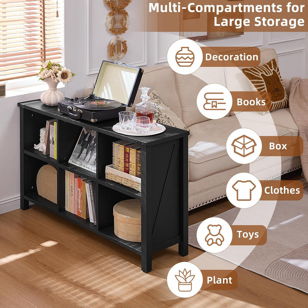 Joaxswe 6 Cube Bookcase, Farmhouse Wood Low Storage Organizer Book Shelf, Black 47' Horizontal Console Bookshelf with Legs, Hallway Book Case for Entryway, Display Cabinet for Living Room, Office