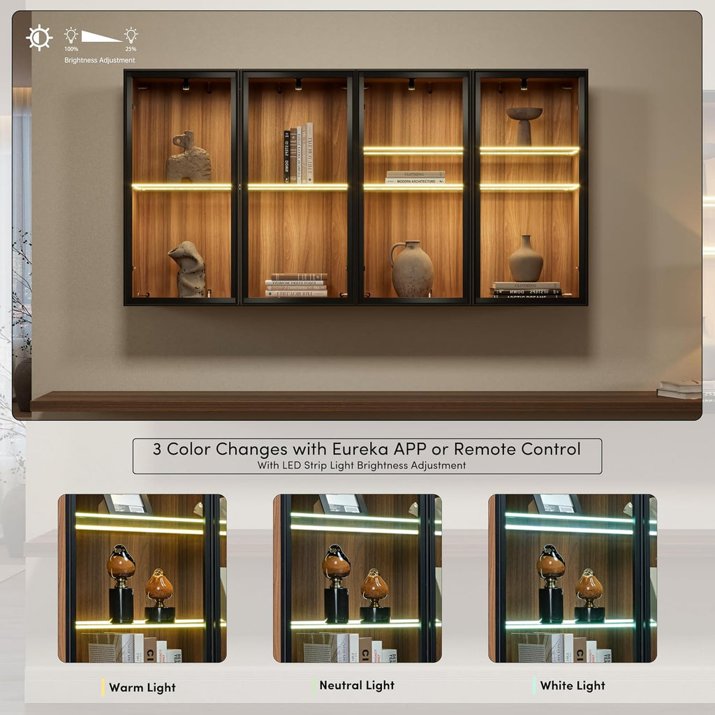 EUREKA ERGONOMIC Wall Cabinets with Glass Doors 2-Tier Adjustable Shelves Wooden Cabinet Storage for Collectibles Figurines Display Cabinet for Home Office Living Room Bedroom, Walnut