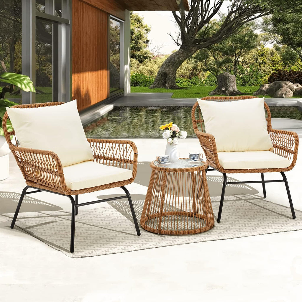 EROMMY 3-Piece Patio Conversation Bistro Set, Outdoor All-Weather Wicker Balcony Furniture with Tempered Glass Top Table & 2 Wide Ergonomic Armchairs, Seat Cushions for Porch, Backyard, White