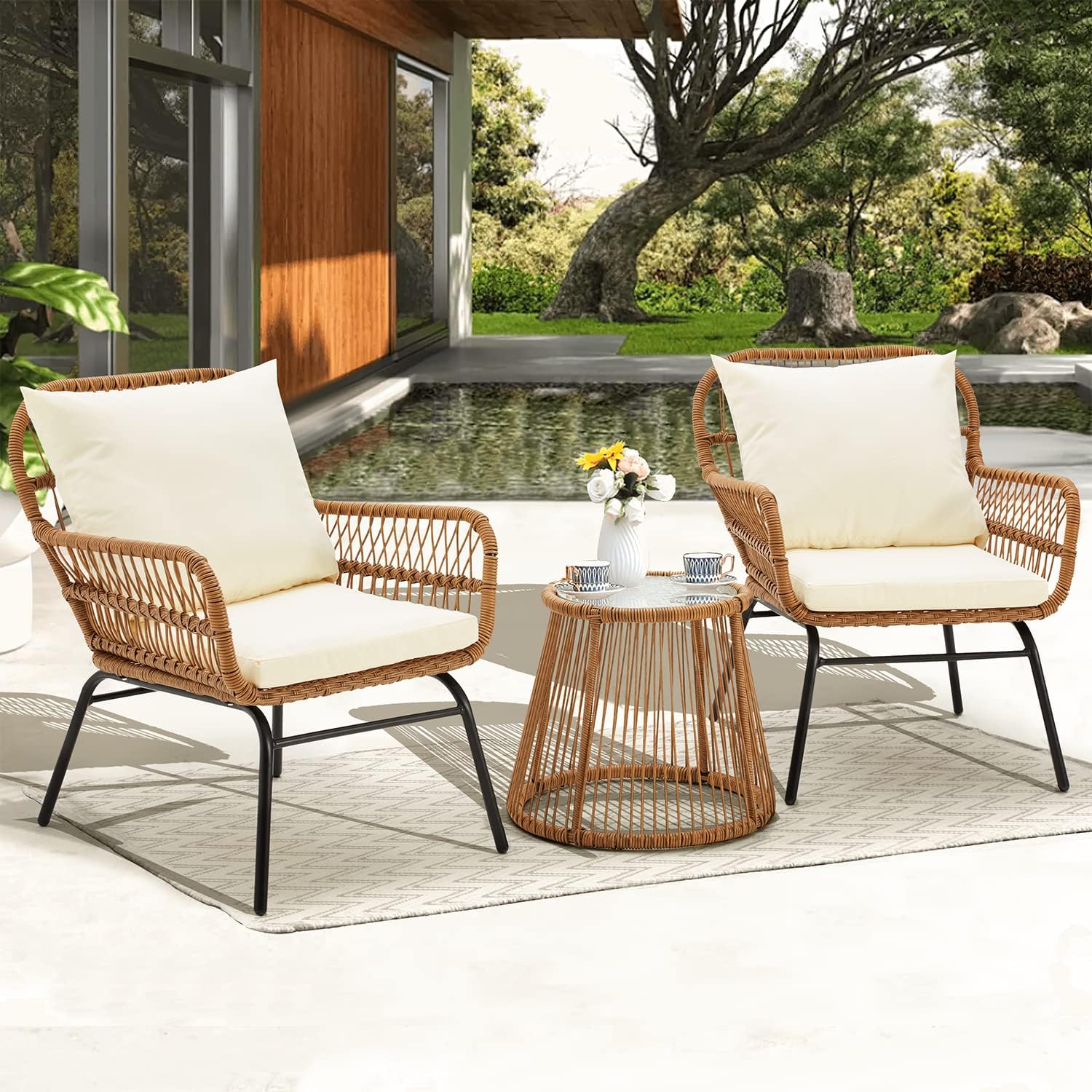 EROMMY 3-Piece Patio Conversation Bistro Set, Outdoor All-Weather Wicker Balcony Furniture with Tempered Glass Top Table & 2 Wide Ergonomic Armchairs, Seat Cushions for Porch, Backyard, White