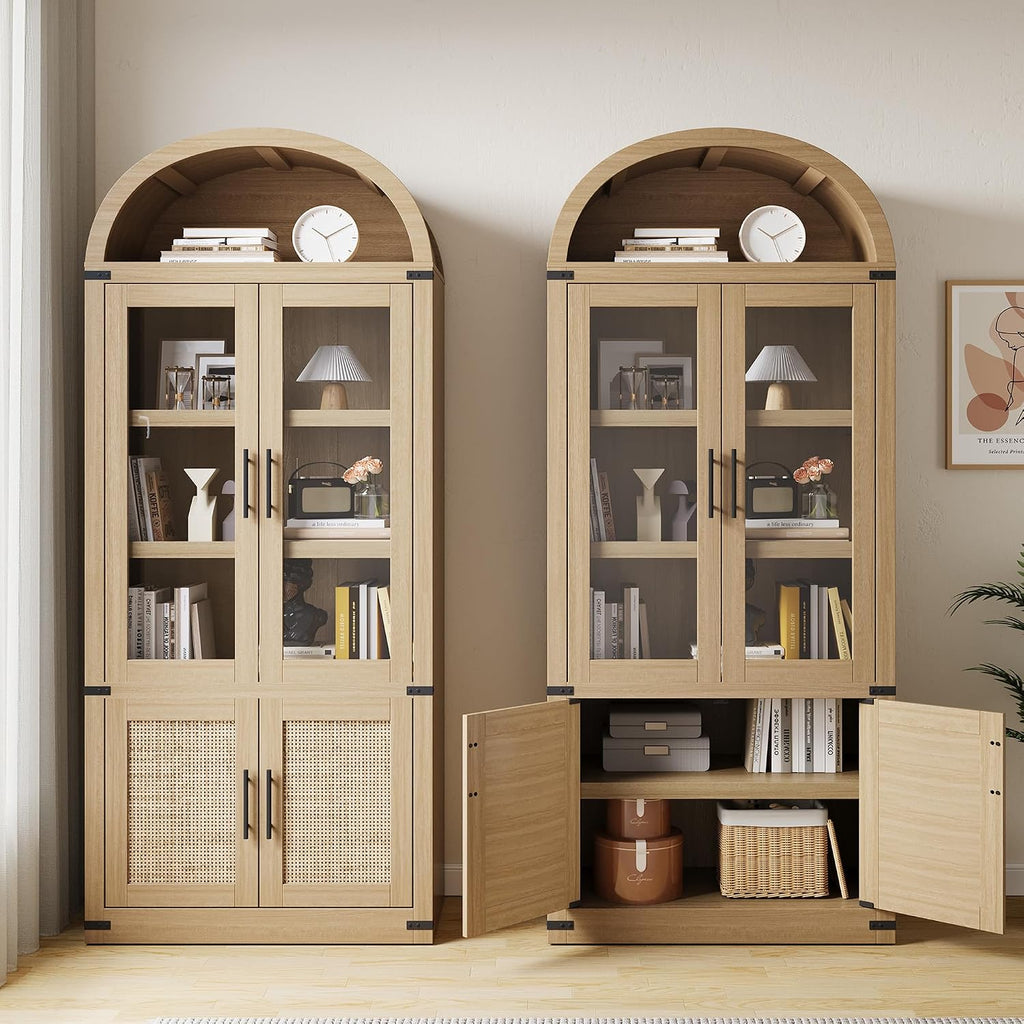 GarveeHome Arched Bookcase with Doors Modern 6-Tier Bookshelf with Storage Wooden Display Cabinet Farmhouse Storage Shelves for Living Room, Kitchen, Office