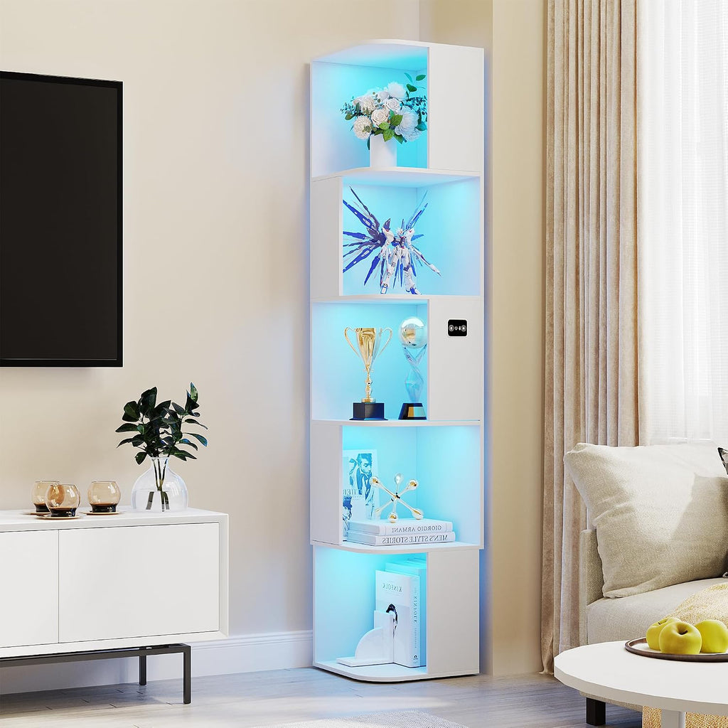 5 Shelf Bookcase - Corner Bookshelf with 3 Colors LED Sensor Lights Modern Cube Storage Organizer for Lego Books Living Room Study Bedroom - Ideal Gift (White)
