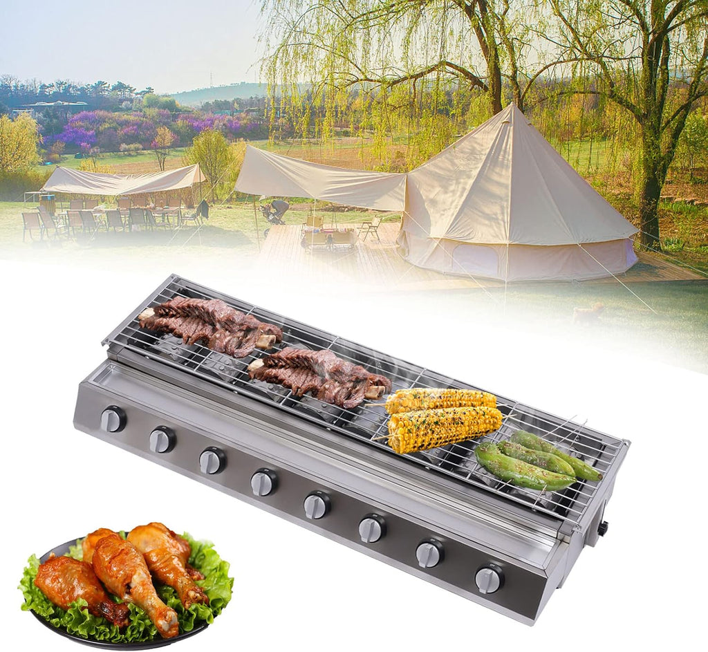 8 Burners BBQ Gas Grill, Commercial Gas Grill Griddle, Gas Indoor/Outdoor Grill BBQ Grill with Temperature Control, Flat Hotplate Smokeless Grill