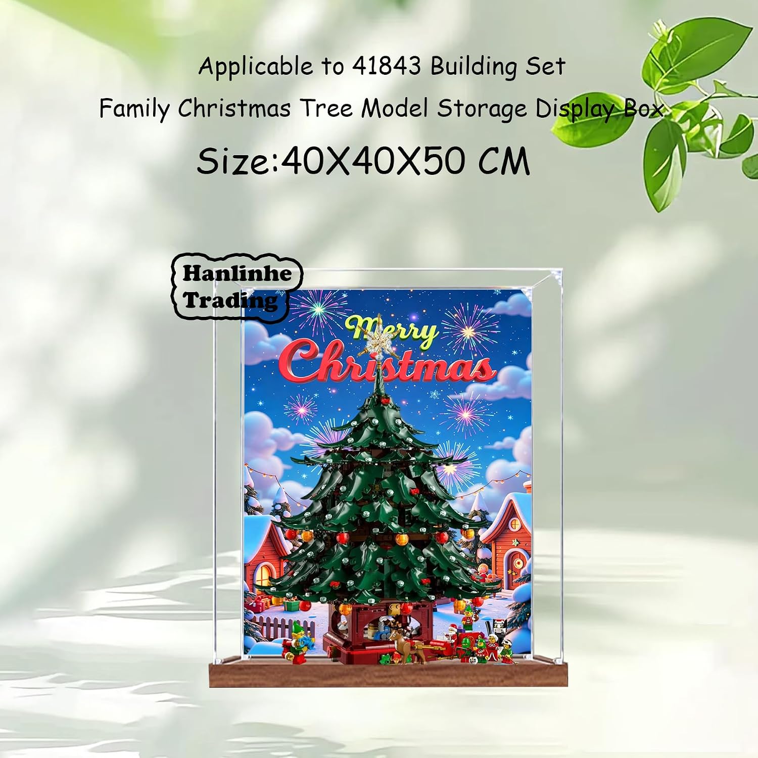 Acrylic Display Case for Lego 41843 Family Christmas Tree Building Set– Dustproof Display Box & Showcase, Display Box Compatible with Lego 41843 -Only Display case (Back Spray Wooden Base 1)