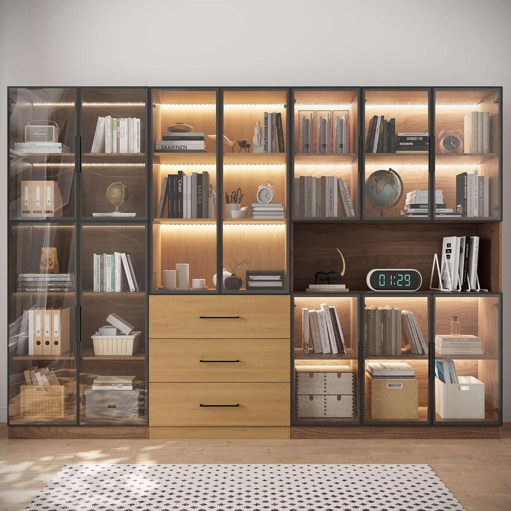 Bobve 78.7' Oak Display Cabinet with 3 Drawers, 3-Tier Storage Cabinet with APP Control LED Lights, Tall Bookcasse Storage Cabinet, LED Display Case for Collectible, Living Room, Office, Kitchen