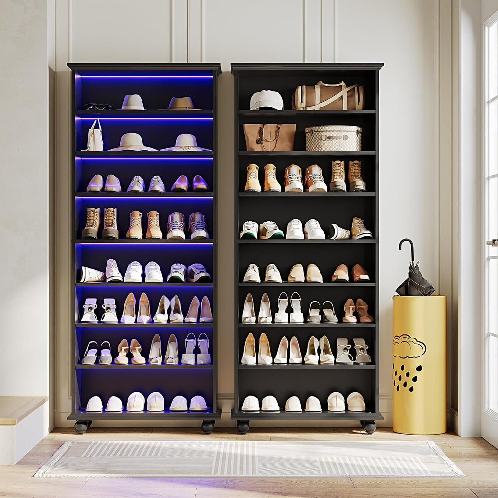 LITTLE TREE 69-Inch Tall Shoe Cabinet with LED Light Strip & Adjustable Shelves, Black Wooden 8-Tier Shoes Display Cabinet for 26 Pairs, Freestanding Modern Shoe Cabinet for Entryway