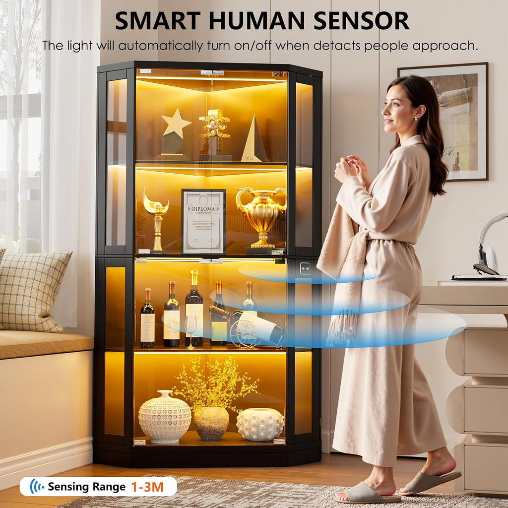 PAKASEPT Corner Display Cabinet with Glass Doors, 66.3'Corner Curio Cabinets with LED Lights, 4-Tier Display Shelf with Human Body Sensor for Toys, Books, Collectibles