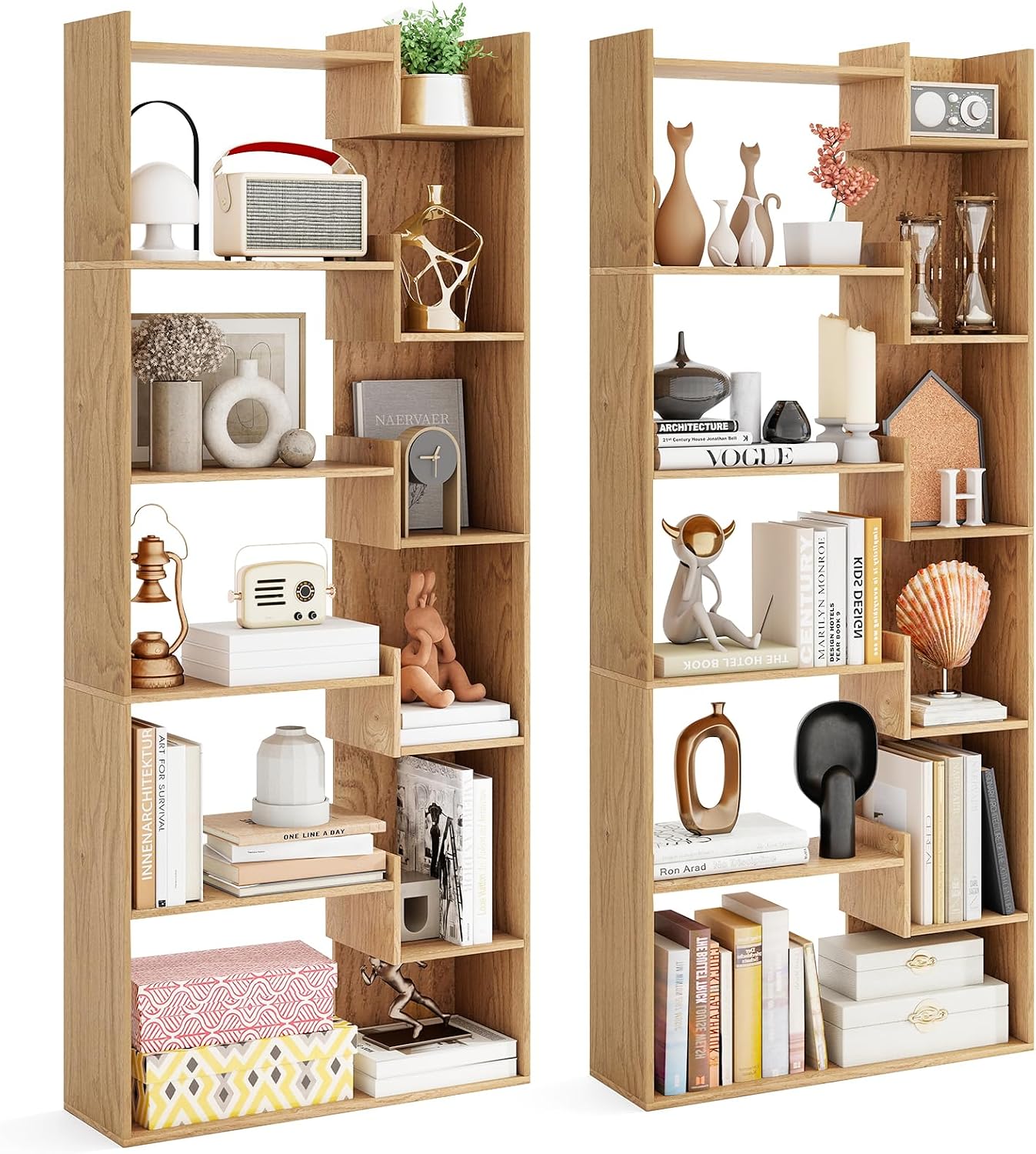 Tangkula 6-Tier Bookshelf, 64'H Tall Open Bookcase with Anti-Tip Kits, Home Office Free-Standing Wood Room Divider Display Book Shelf, Modern 11-Shelf Storage Rack for Study, Living Room (2, Natural)