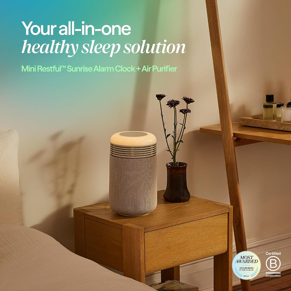 BLUEAIR Air Purifier & Sunrise Alarm Clock for Bedroom, Nursery – HEPA, HEPASilent™, Wake-Up Light, White Noise & Soothing Sounds for Natural Sleep, USB-C, Mini Restful