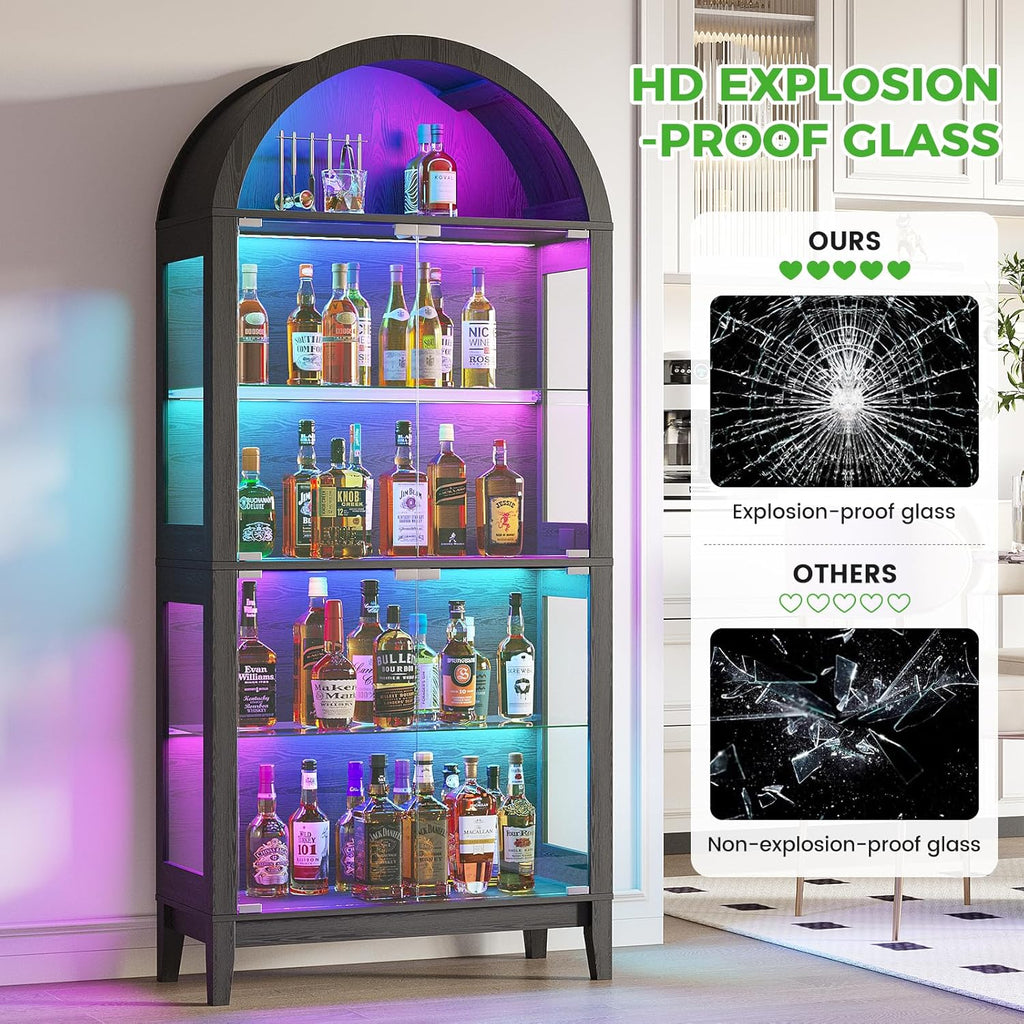 HNEBC Arched Book Shelf with Glass Doors, LED Bookcase with RGB Lights, 5 Tier Cabinet Has 9-Cube Storage, 69' Display Cabinet for Music-Synced Lighting Living Room,Bedroom(Black)