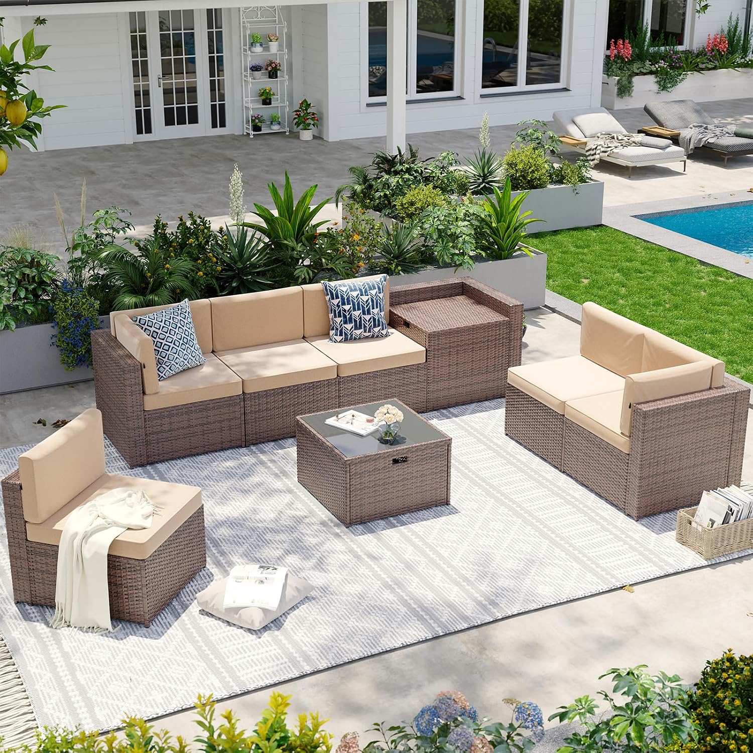Aoxun 8-Piece Patio Furniture Set, Wicker Outdoor Sectional Sofa with Large Storage Table & Waterproof Cover, Patio Conversation Set for Backyard and Garden (Brown/Khaki)