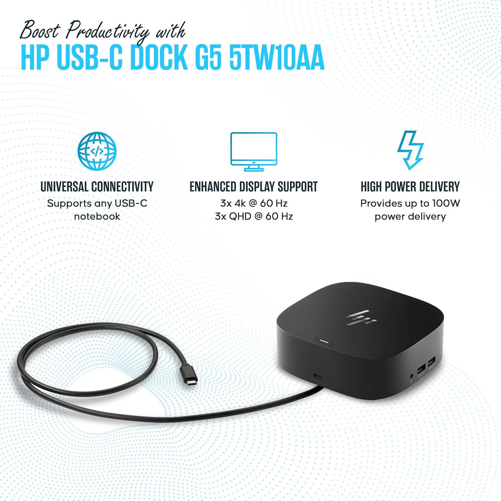 HP Docking Station for Laptop Dual Monitor and Charging - 5TW10AA / 5TW10UT / 5TW10AA#ABB USB-C G5 Dock with 120W AC Adap TER + HDMI Cable + DisplayPort Cable + Cleaning Cloth (Renewed)