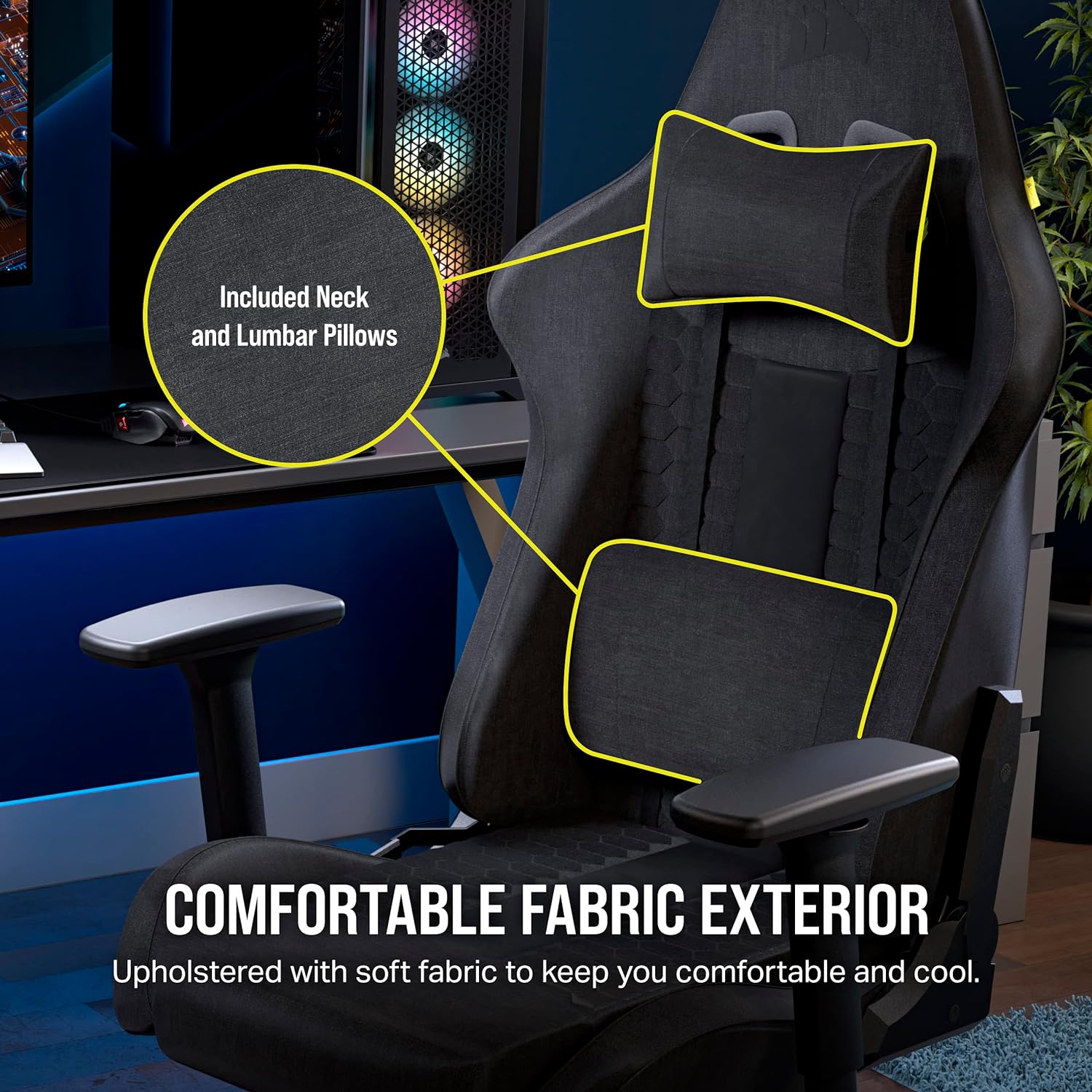 Corsair TC100 Relaxed Gaming Chair - Fabric - Racing-Inspired Design - Lumbar Pillow - Detachable Memory Foam Neck Pillow - Adjustable Seat Height - Adjustable Armrests - Gray and Black