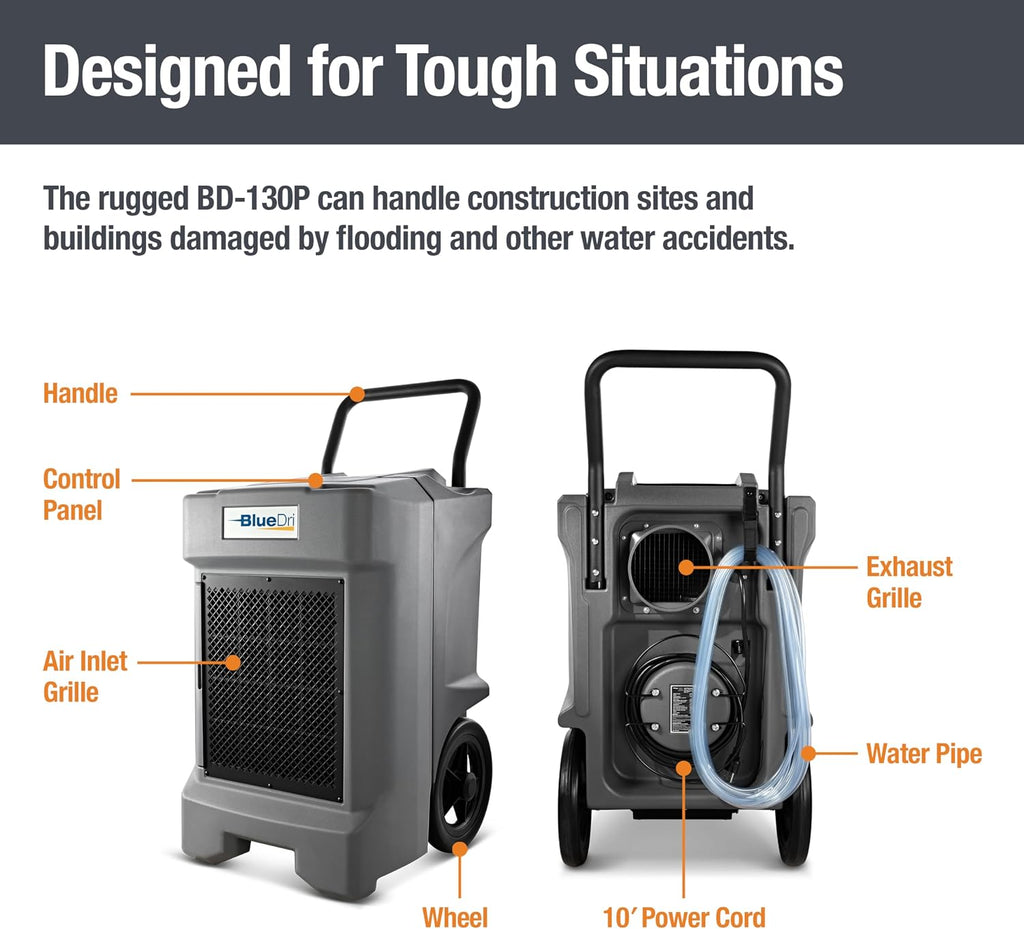 BlueDri BD-130P 225PPD Industrial Water Damage Equipment Commercial Dehumidifier with Hose for Basements in Homes and Job Sites, Gray