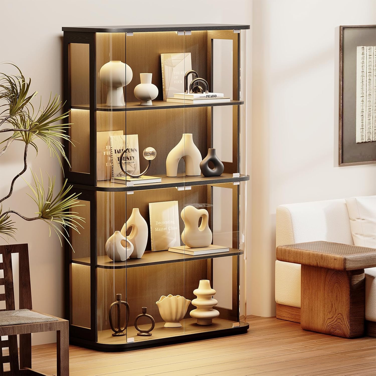 BROTTAR Large Rounded Display Cabinet with Glass Door, 4-Tier Curio Cabinet with 3 Color Lights for Collectibles, Glass Display Case with Transparent Full-Display Surface, Human Body Sensor, Black