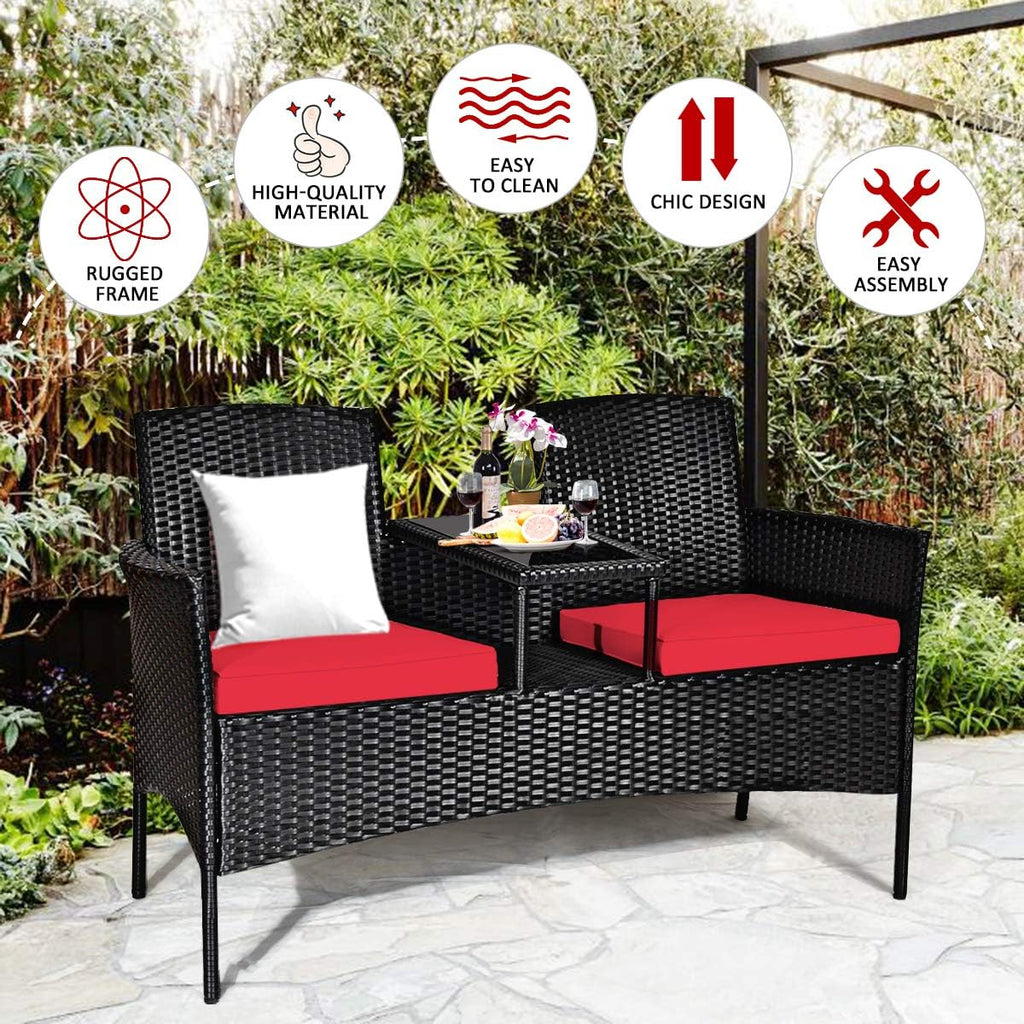Tangkula Wicker Patio Conversation Furniture Set, Outdoor Furniture Set with Removable Cushions & Table, Tempered Glass Top, Modern Rattan Bench for Garden Lawn Backyard