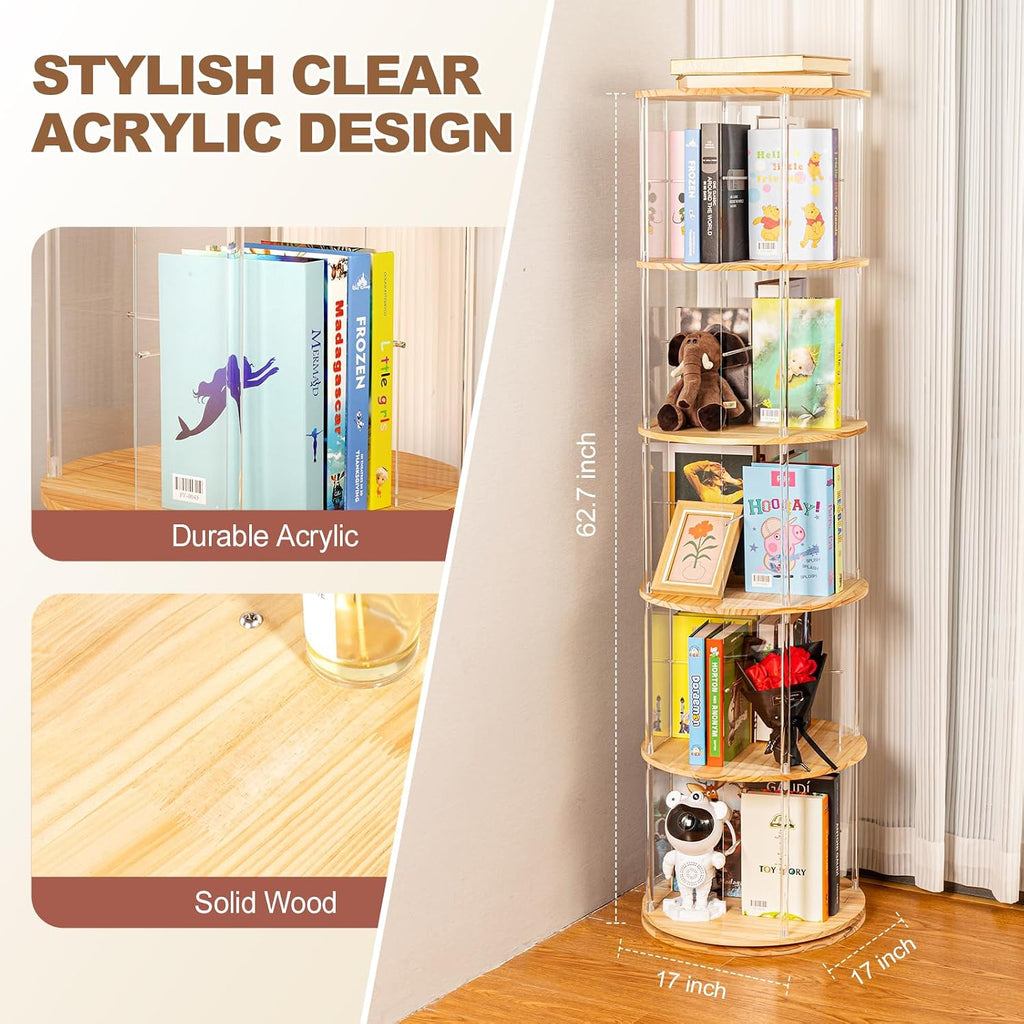 TAKEKIT 360° Rotating Bookshelf, 5-Tier Spinning Book Shelf Tower with Solid Wood & Clear Acrylic, Round Revolving Bookcase for Living Room, Bedroom and Office
