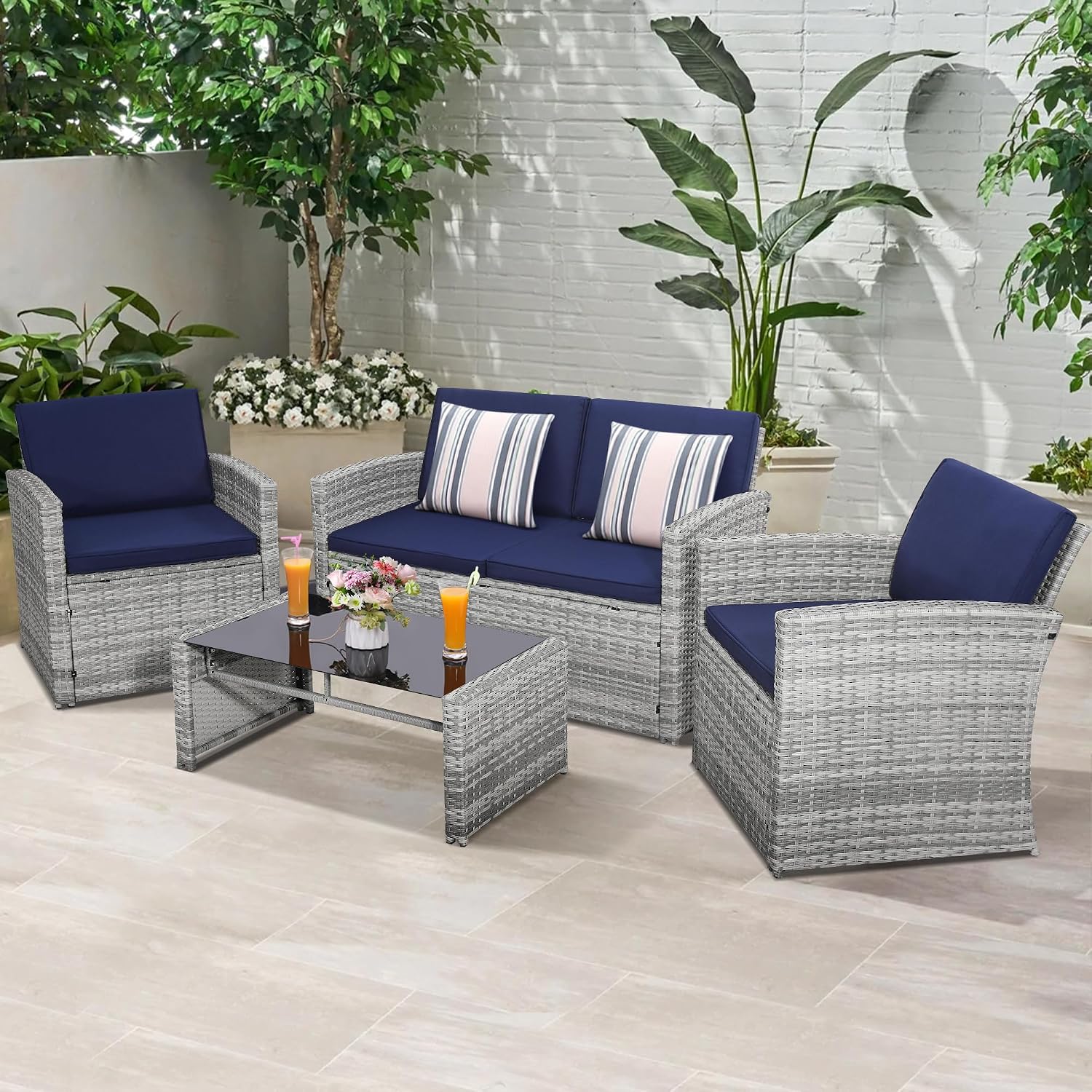 KROFEM 4-Piece Patio Furniture Set, Wicker Outdoor Rattan Sectional Sofa with Cushions and Glass Table, All-Weather Outdoor Conversation Set for Garden, Porch, Backyard, Patio, Blue