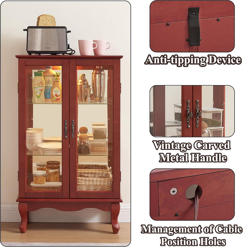 43' H Lighted Curio Cabinet Display Case with Light Bulb, Glass Curio Cabinet with Adjustable Shelves & Tempered Glass Door, Wooden Cabinets w/Mirrored Back Pane for Living Room(Cherry)