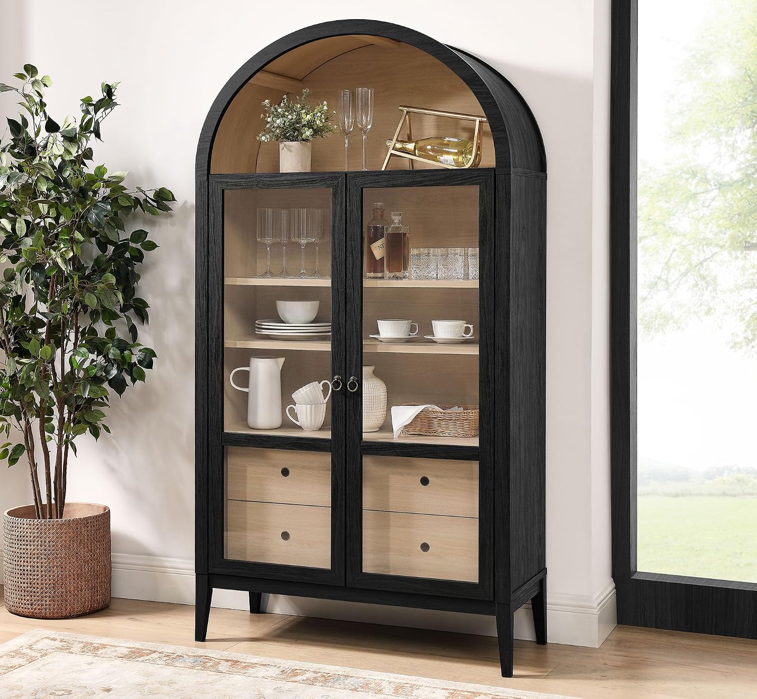Modway Nolan Tall Arched Storage Display Cabinet in Black Oak - 74 Inch Arch Bookshelf with Glass Doors, Shelves and Drawers - Modern Accent Cabinet for Living Room, Dining Room