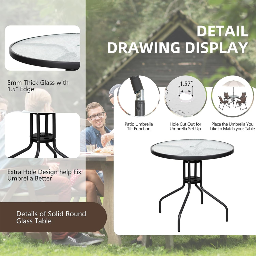 Vongrasig 6 Pieces Folding Patio Dining Set, All Weather Small Metal Outdoor Table and Chair Set, Garden Patio Furniture Set w/Umbrella, Glass Table & 4 Folding Chairs for Lawn, Backyard, Brown