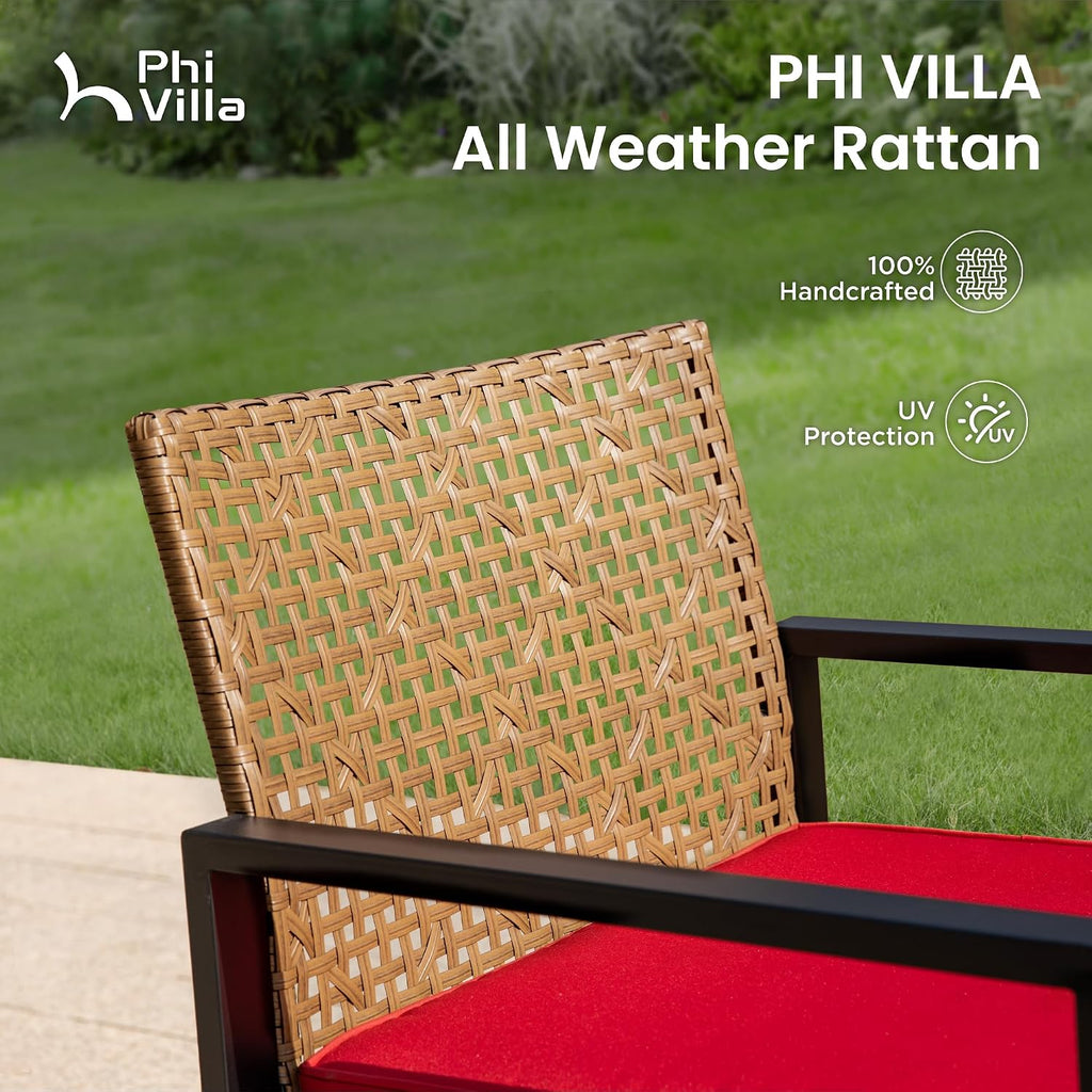 PHI VILLA Patio Wicker Furniture Set for 4, Brown Rattan Loveseat & Chairs with Red Cushions & Acacia Wood Coffee Table, Outdoor Modern Conversation Sofa Set for Deck, Yard, Porch