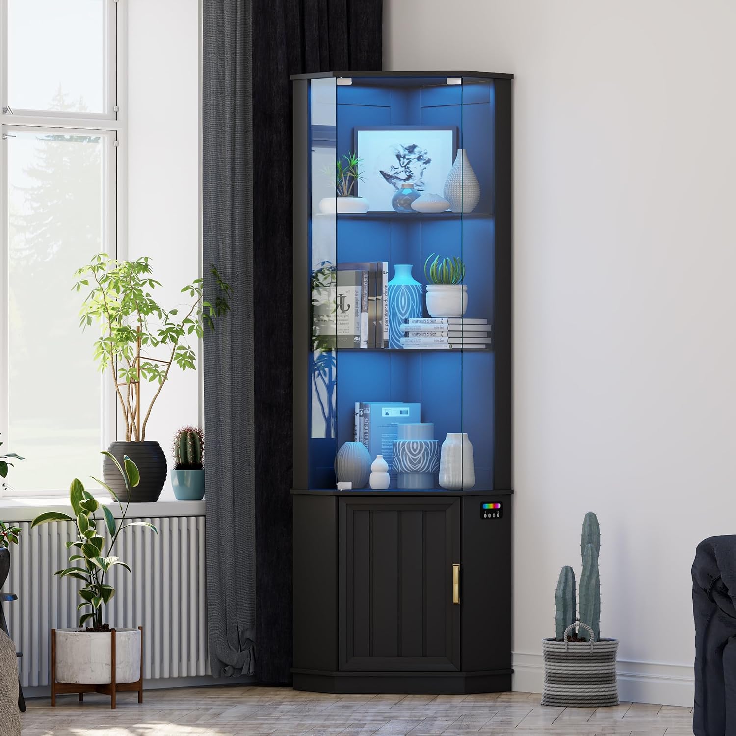 Lvifur 69' Corner Display Cabinet with RGB Lights,3-Tier Movable Glass Shelves,Curio Display with Human Body Sensor,Bookcase with Storage Cabinet for Toys,Books,Collectibles,Liquor,Black