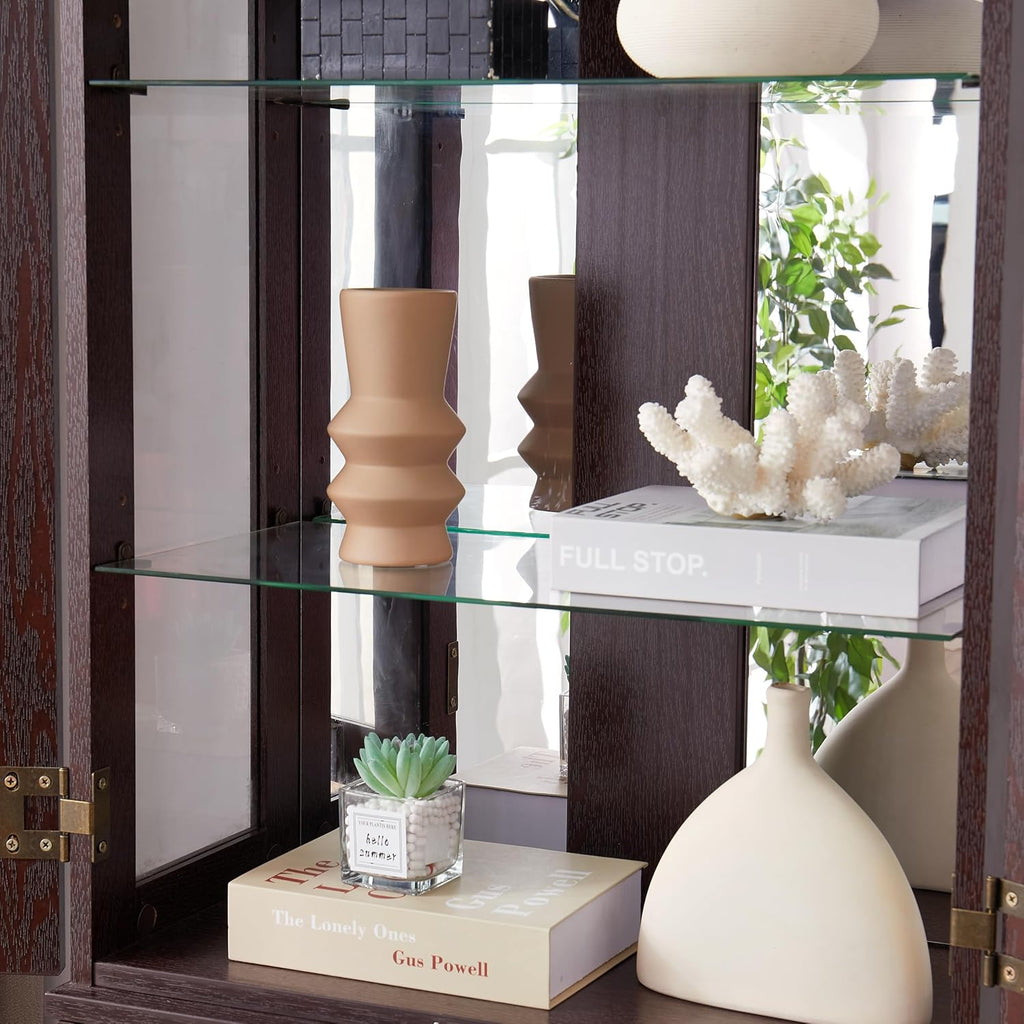 Lighted Glass Curio Cabinet with Lights & Adjustable Shelves,Curio Display Cabinet with Wood Frame,Corner Cabinet for Kitchen,Living Room,Office(Free Standing,Light Bulb Include)