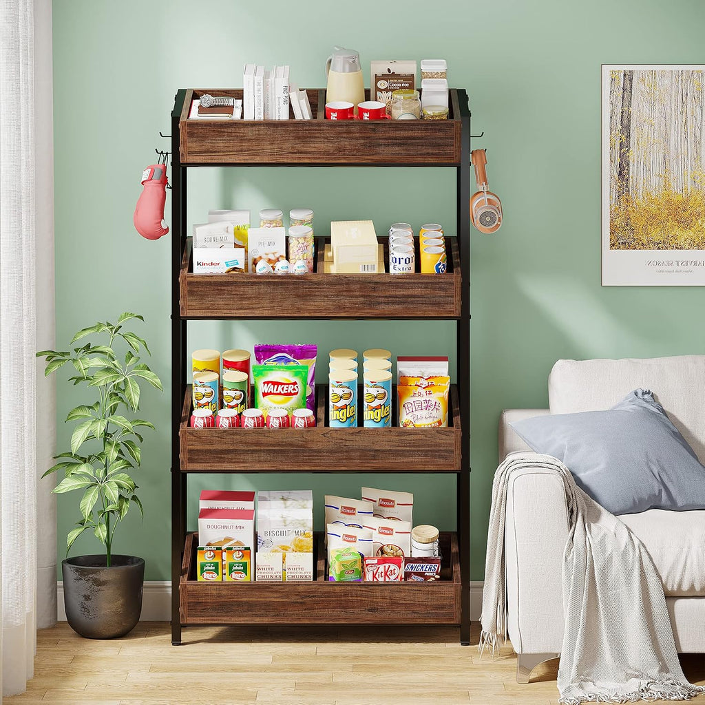 Tribesigns Wood Fruit and Vegetable Basket Stand Rack for Kitchen, Office, Store, Supremarket, Pantry Shelf Unit for Snacks, 4-Tier Wooden Utility Storage Shelves (Brown+Black)