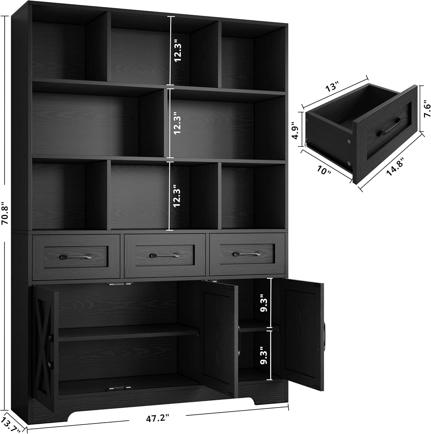 IRONCK Bookshelf with Drawers & Doors, Tall Bookshelf, Bookcase with Cabinets for Home Office, Living Room, Black