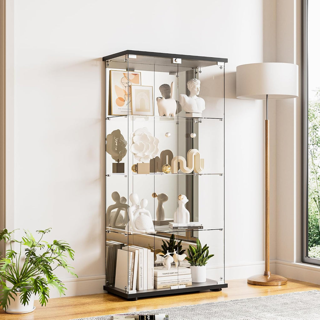 Glass Display Cabinet 4-Shelf with Door, Lock and Mirror,4mm Tempered Glass Floor-to-Ceiling Glass Bookcase for Bedroom, Living Room, Black