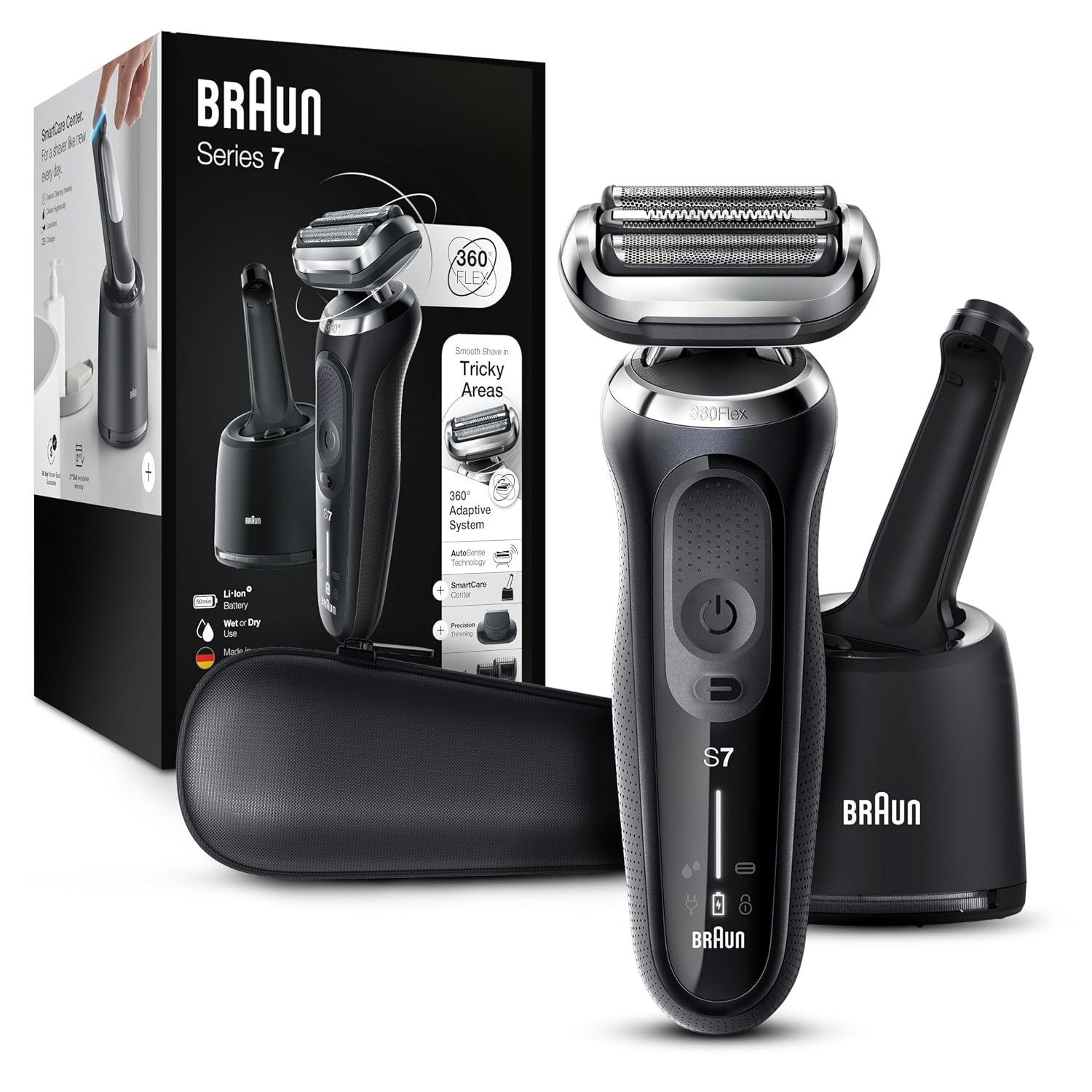 Braun Series 7 7075cc Electric Razor for Men with SmartCare Center, Beard Trimmer, Wet & Dry, Rechargeable, Cordless Foil Shaver, Black
