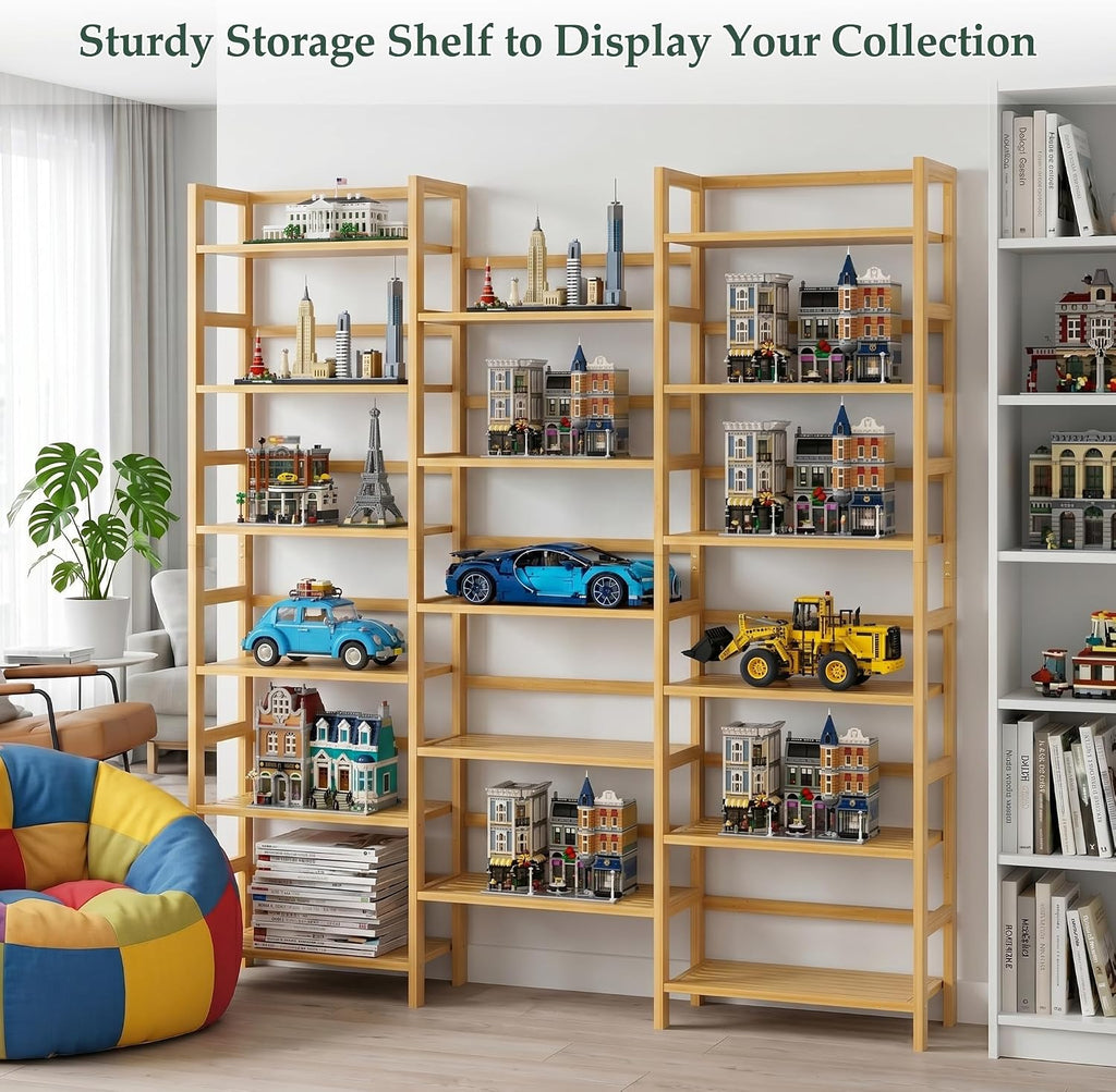 Homykic Bamboo Bookshelf, 71' Tall Triple Wide Bookcase with 17 Open Storage Shelves, 6-Tier Etagere with Back Rails, Large Display Shelf for Books, Plants, Home Office, Living Room, Max Load 748LBS