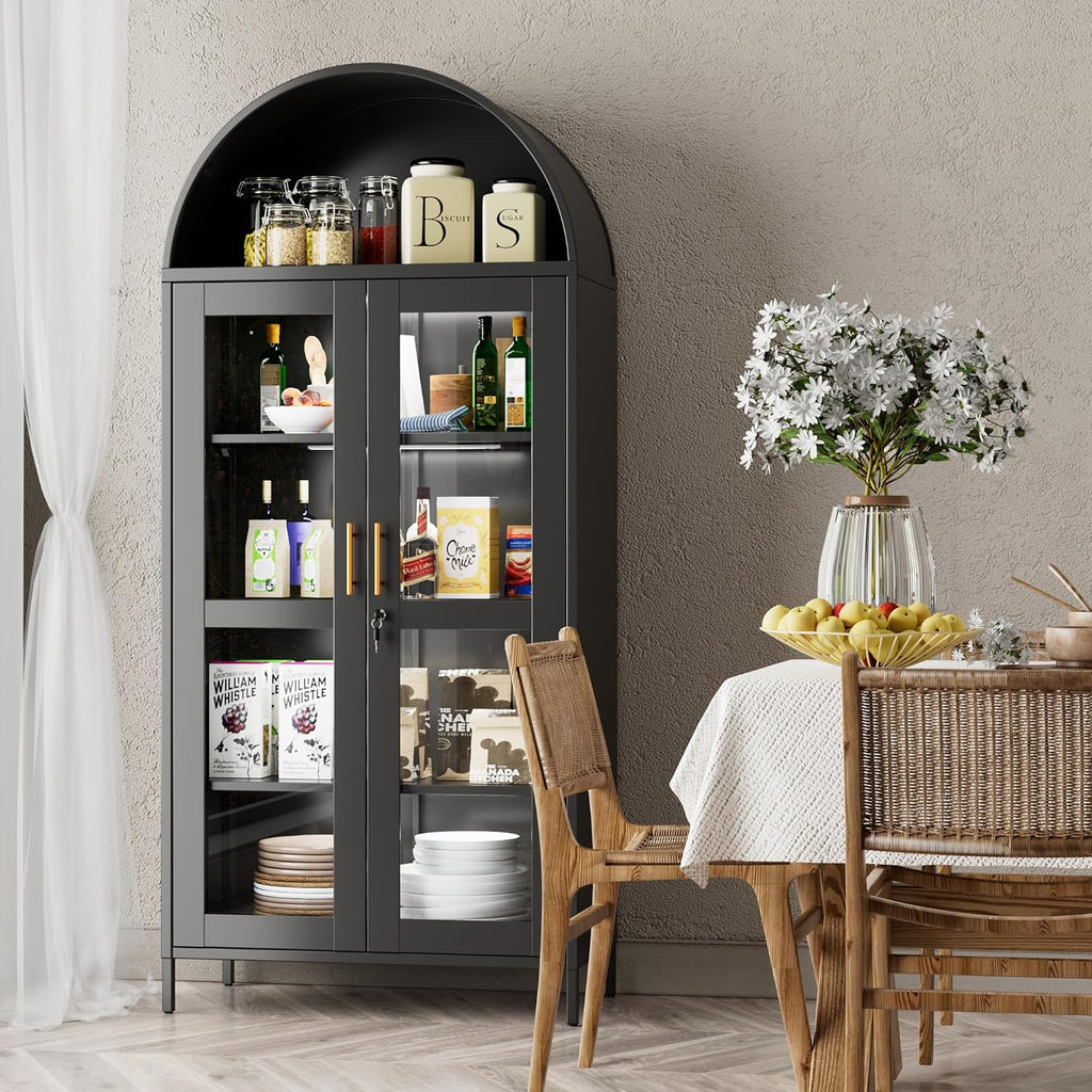 78.74' H Metal Arched Cabinet with Lock and LED Light, Metal Curio & Liquor Display Cabinet with Glass Doors and Adjustable Shelves for Dining Room, Home, Assembly Required,Black