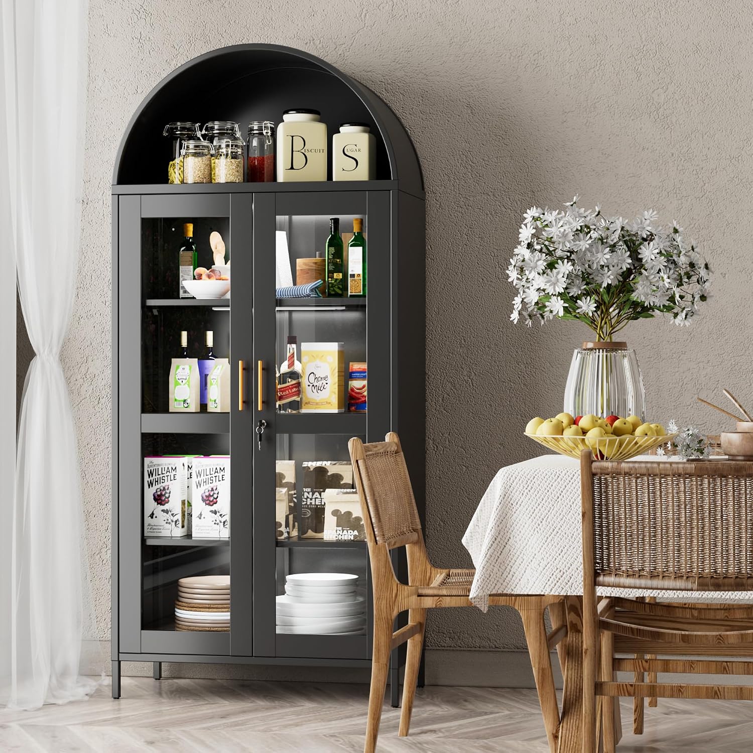 78.74' H Metal Arched Cabinet with Lock and LED Light, Metal Curio & Liquor Display Cabinet with Glass Doors and Adjustable Shelves for Dining Room, Home, Assembly Required,Black