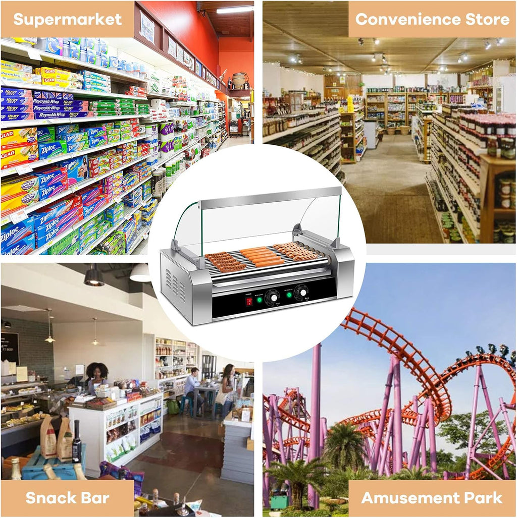 Happygrill Hot Dog Roller Machine, Electric Sausage Grill w/ 18 Hot Dog, 7 Non-Stick,Removable Stainless Steel Drip Tray and Glass Hood Cover,Commercial Household Hot Dog Grill Cooker