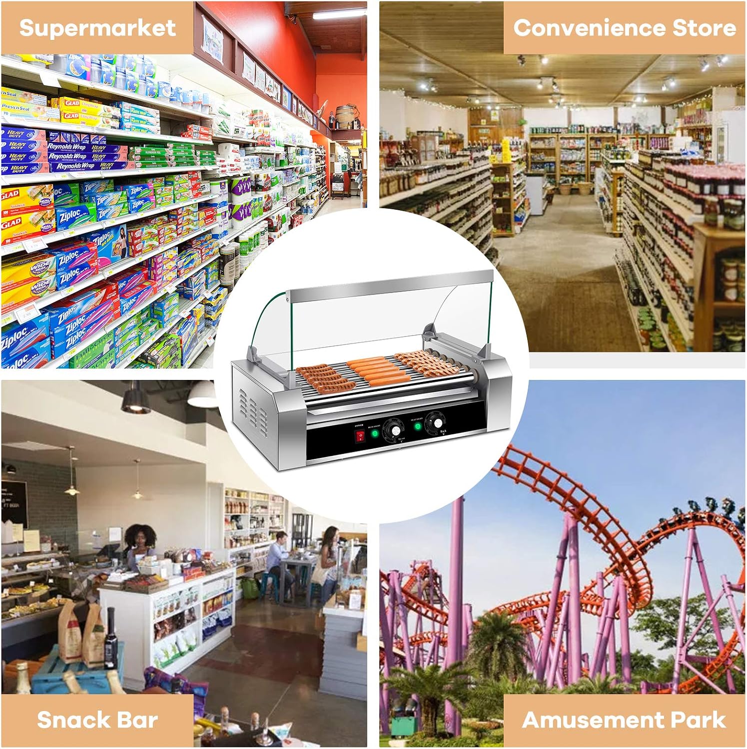 Happygrill Hot Dog Roller Machine, Electric Sausage Grill w/ 18 Hot Dog, 7 Non-Stick,Removable Stainless Steel Drip Tray and Glass Hood Cover,Commercial Household Hot Dog Grill Cooker