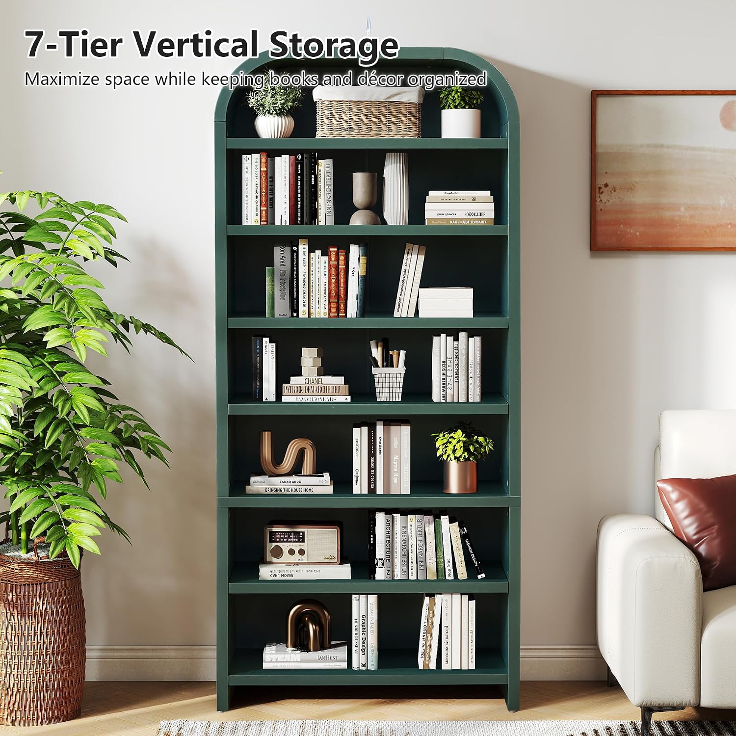 LEVNARY 70' Tall Arched Bookcase, 7-Tier Freestanding Storage Cabinet with Adjustable Shelves, Thick MDF Bookshelf for Bathroom Living Room Bedroom (Green)