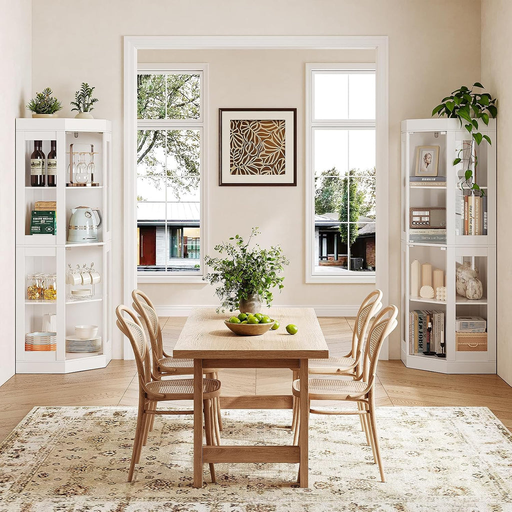 70''H Tall Corner Cabinet with Glass Doors,Farmhouse Storage Cabinet with 4 Shelves & Top Guard Rail,Home Pantry Hutch for Bar,Kitchen, Dining Living Room, Bathroom, White