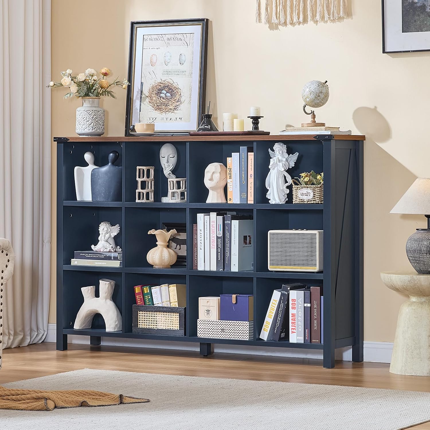 Joaxswe 12 Cube Storage Organizer, Farmhouse 62 Inch Wide Navy Blue Display Bookshelf, Wooden 3 Tier Large Open Book Shelf, Vintage Bookcase for Home Office, Cubby Cabinet for Living Room, Bedroom