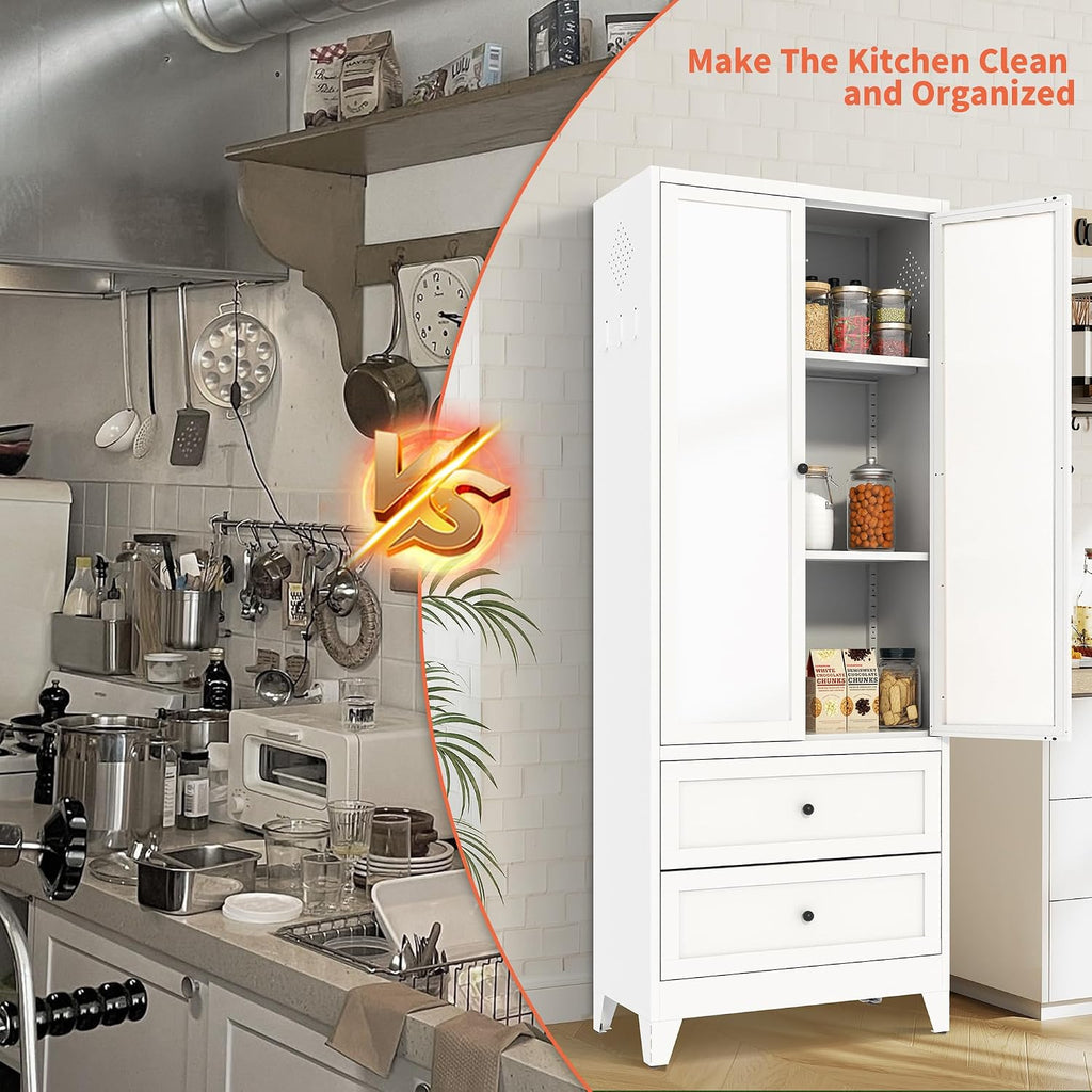 72' Metal Storage Cabinet with 2 Doors and 2 Drawers,White Kitchen Pantry Cabinet,Large Steel Cupboard Utility Cabinets for Kitchen,Living,Dining Room,Bathroom,Assembly Required