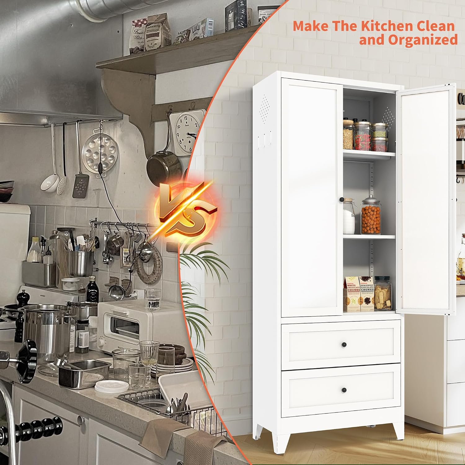 72' Metal Storage Cabinet with 2 Doors and 2 Drawers,White Kitchen Pantry Cabinet,Large Steel Cupboard Utility Cabinets for Kitchen,Living,Dining Room,Bathroom,Assembly Required