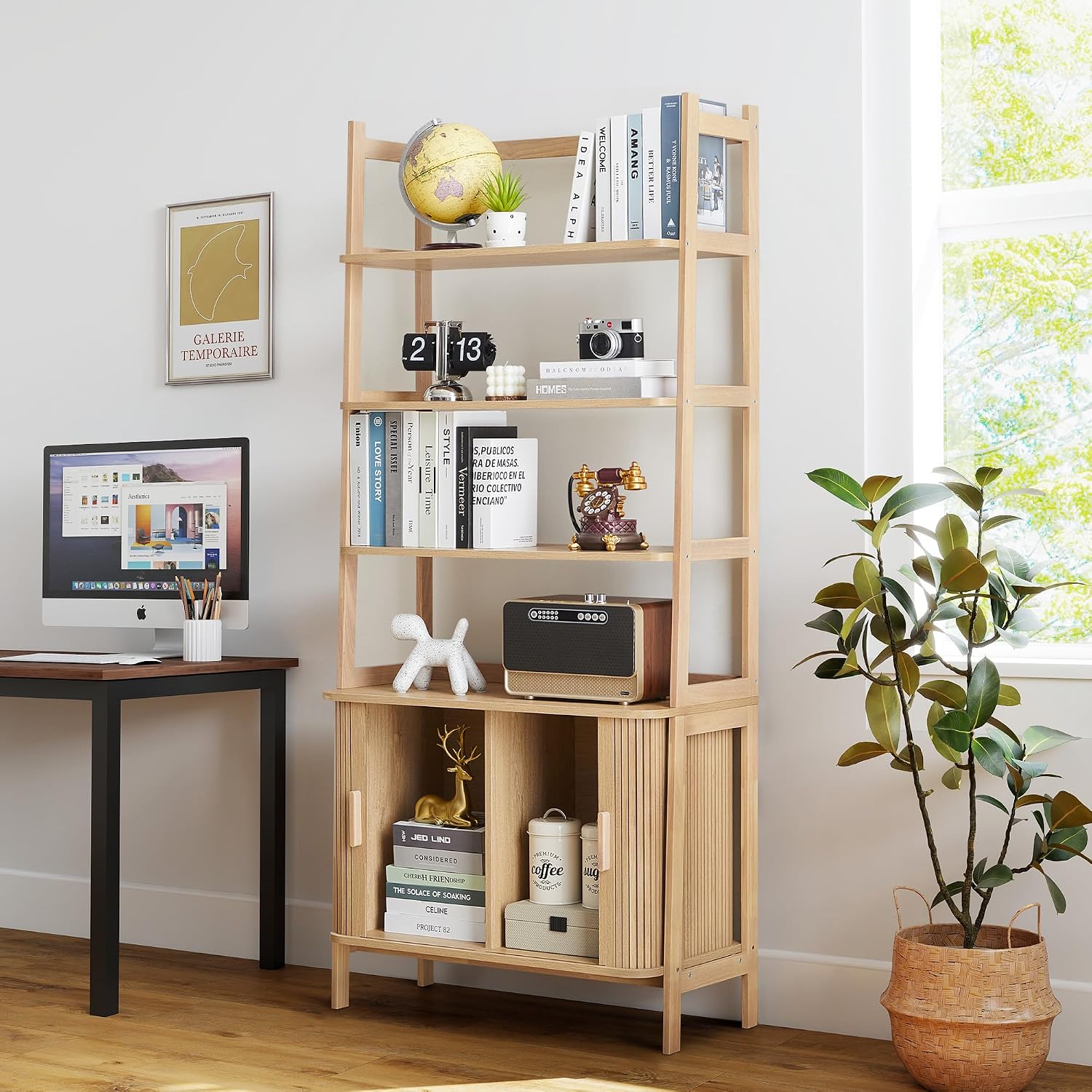 4-Tier Bookshelf, Tall Bookcase with Open Shelf and Sliding Door, 70' Freestanding Storage Organizer Display Cabinet for Living Room, Home Office (Natural)