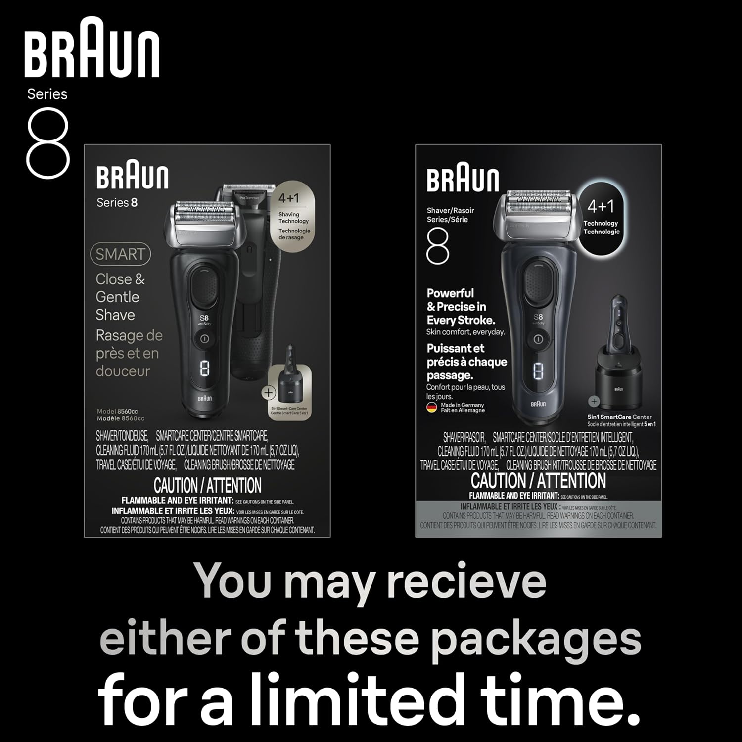 Braun Series 8 8560cc Electric Razor for Men, 4+1 Shaving Elements & Precision Long Hair Trimmer, 5in1 SmartCare Center, Close & Gentle Even on Dense Beards, Wet & Dry Electric Razor, 60min Runtime