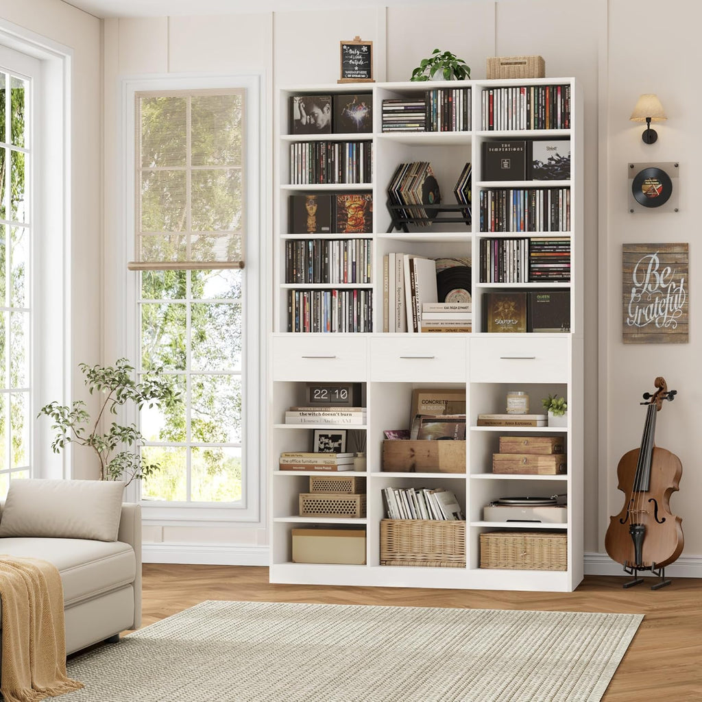 HOSTACK 75' Tall Book Shelf and Bookcase, 47' Wide Bookshelf with Drawers, Modern 9 Tier Bookcase with Storage, Large Wood Display Cabinet with Adjustable Shelves for Living Room, Home Office, White