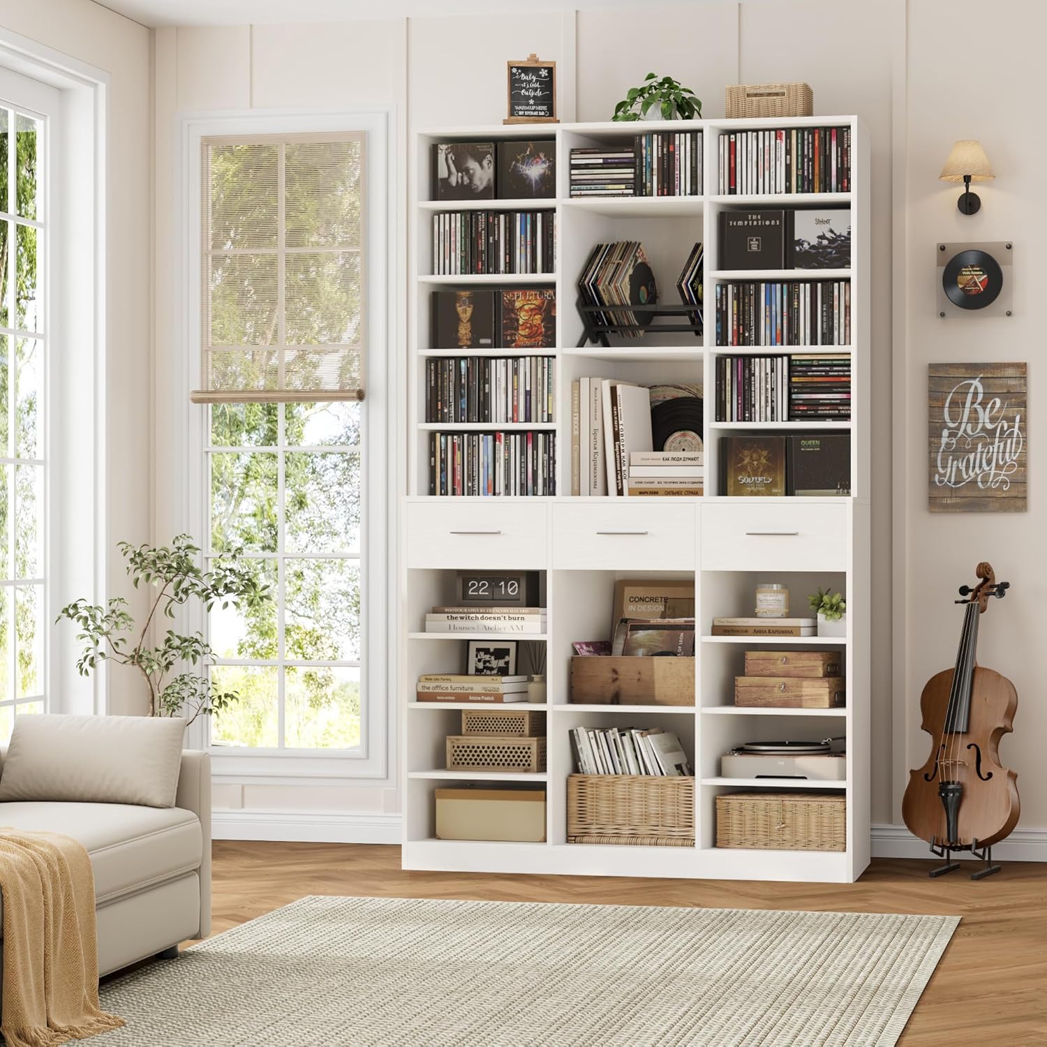 HOSTACK 75' Tall Book Shelf and Bookcase, 47' Wide Bookshelf with Drawers, Modern 9 Tier Bookcase with Storage, Large Wood Display Cabinet with Adjustable Shelves for Living Room, Home Office, White